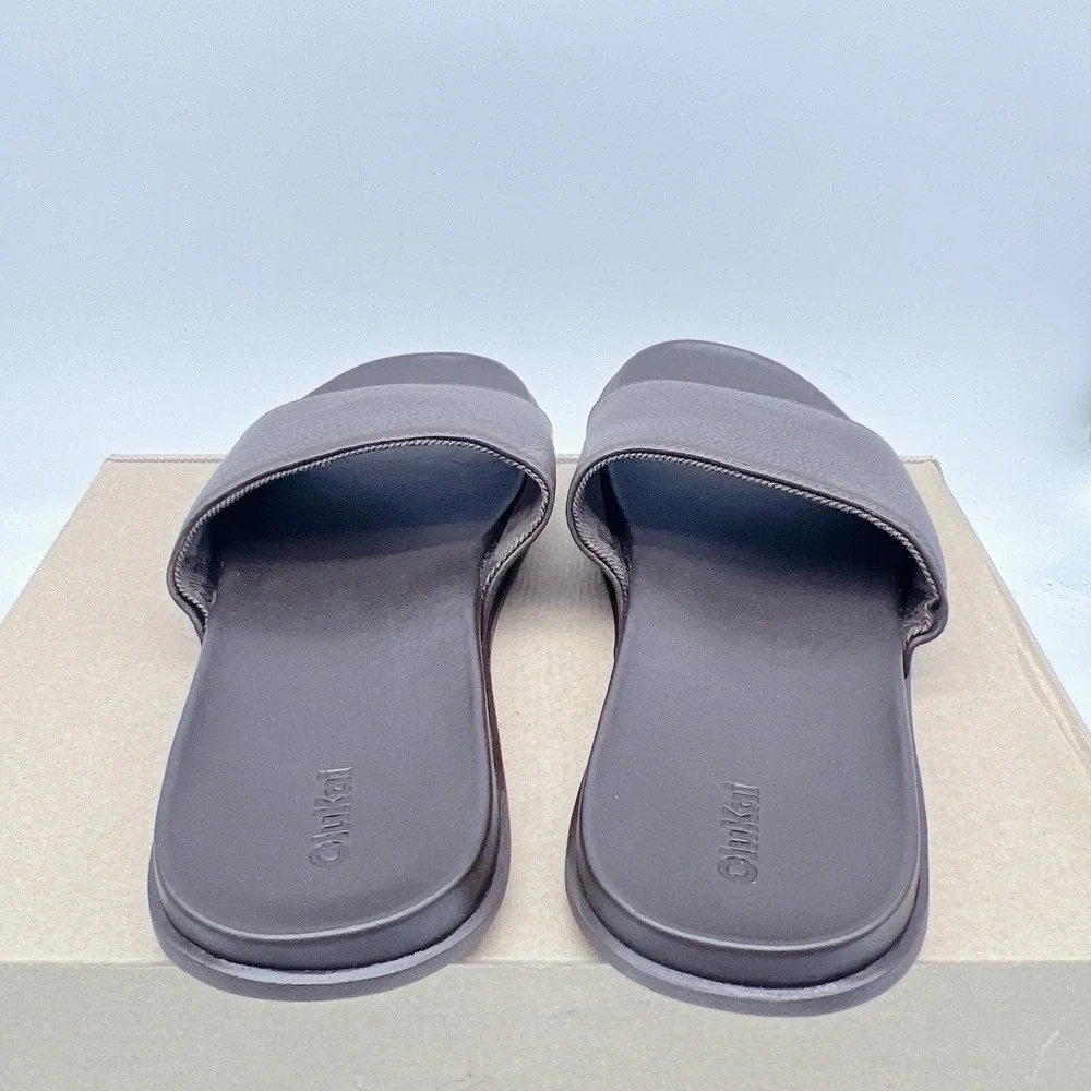 Olukai Olali Men's Slides Sandals Dark Java Brown Leather Size EU 45 US 12 NEW